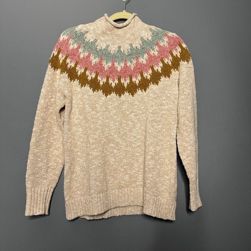 L.L. Bean Ragg Funnel Neck Sweater Fair Isle Women Small Cotton Green Pink Brown